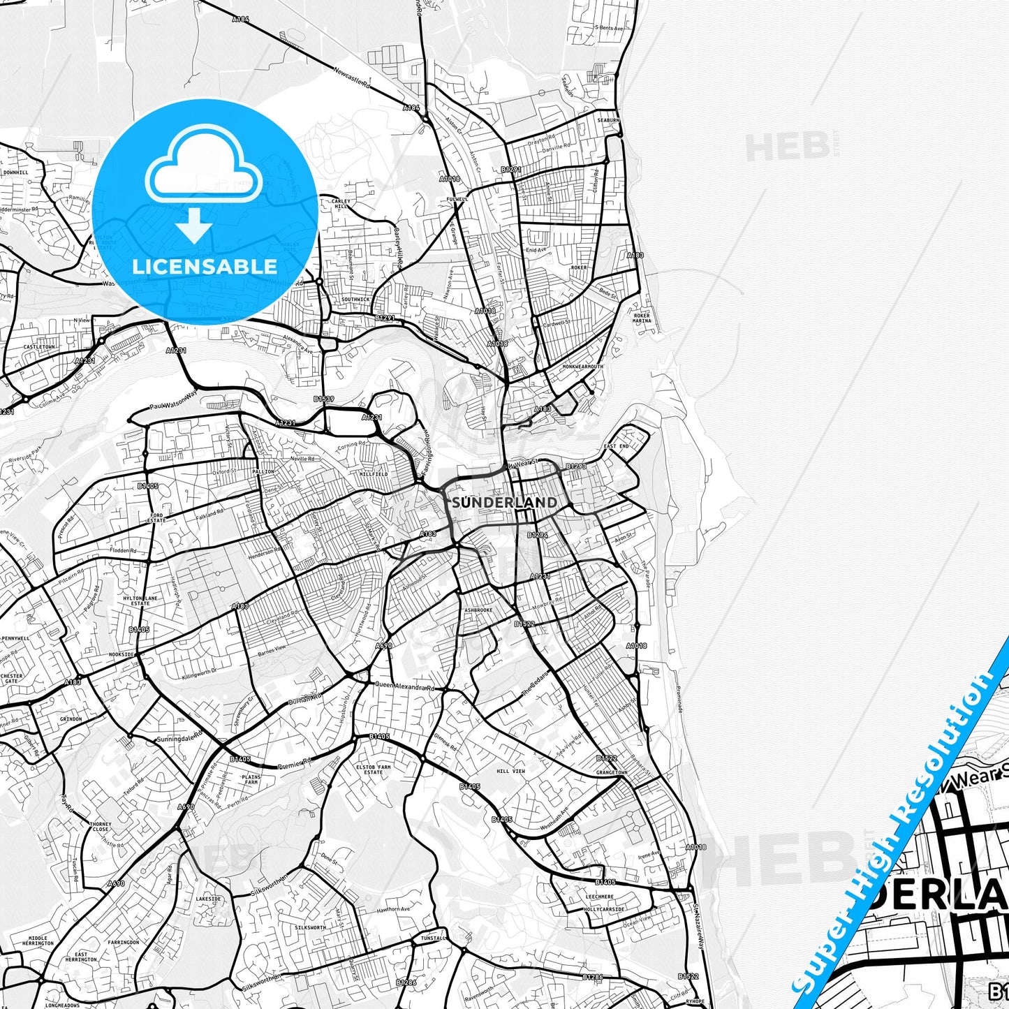 Sunderland, England Light Map with Street Names, City Names, and Districts