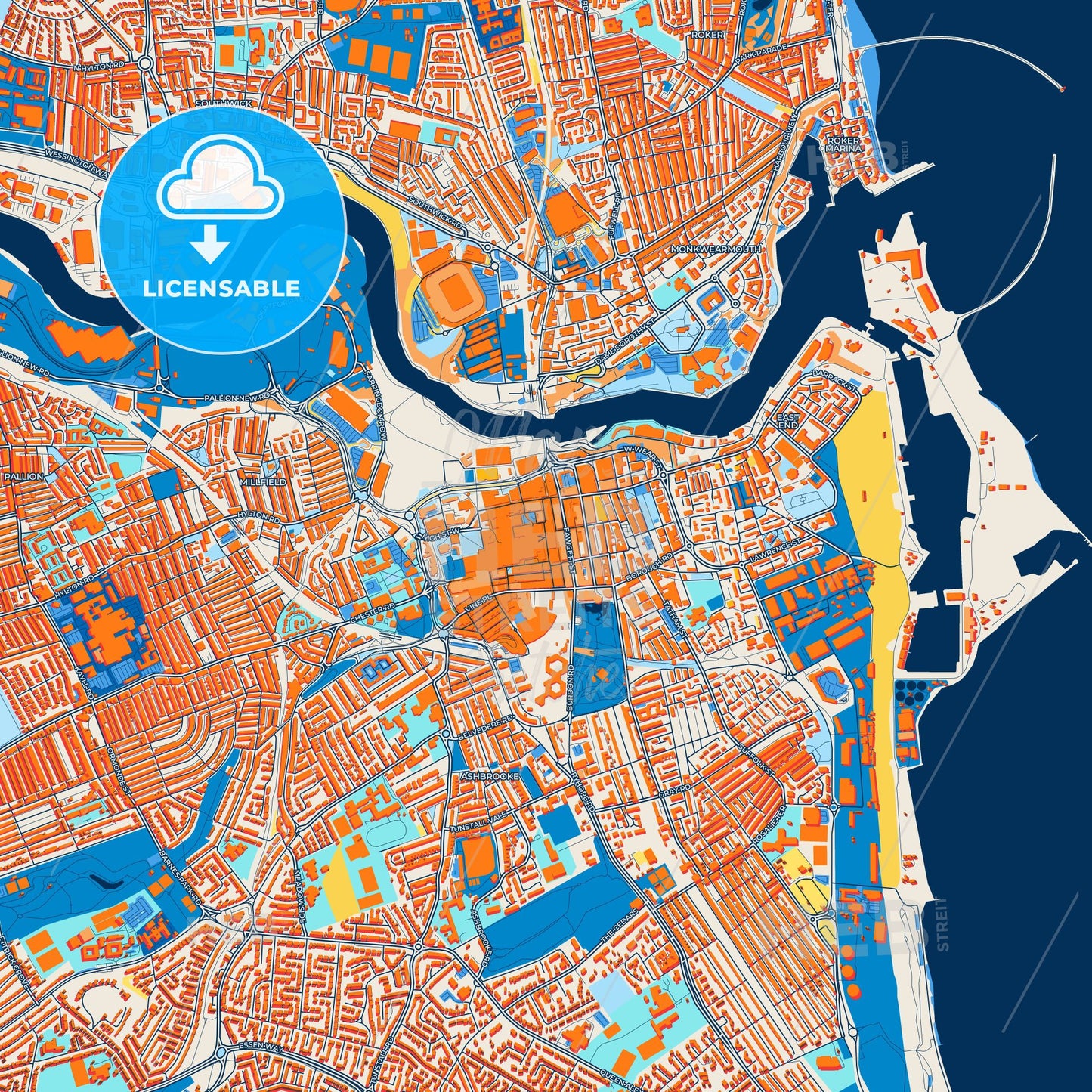 Colorful Sunderland Street Map with Labels and Buildings