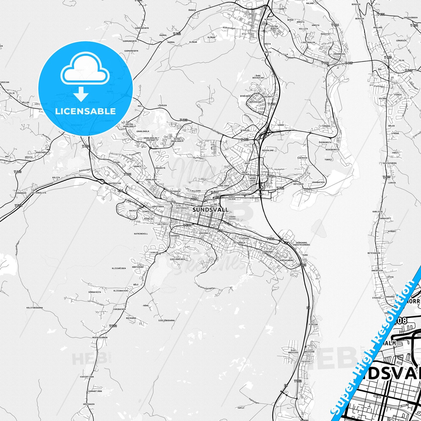 Sundsvall, Sweden light map with streetnames, citynames and districts