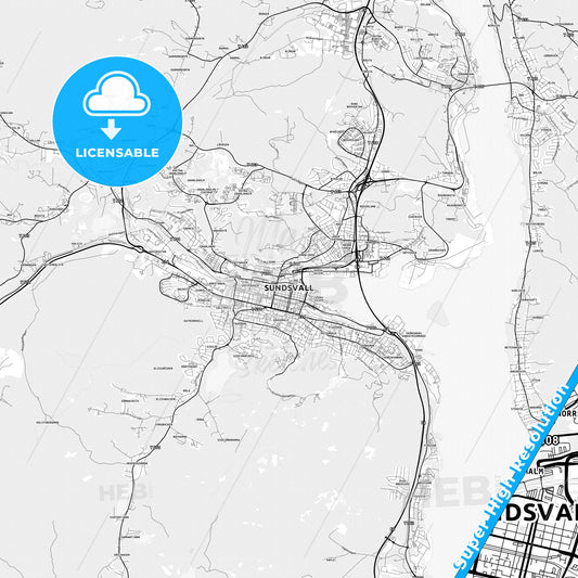 Sundsvall, Sweden light map with streetnames, citynames and districts