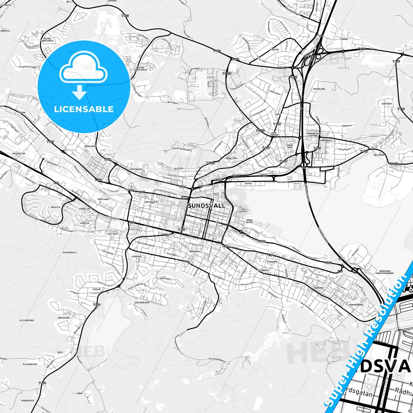 Sundsvall, Sweden Light Map with Street Names, City Names, and Districts