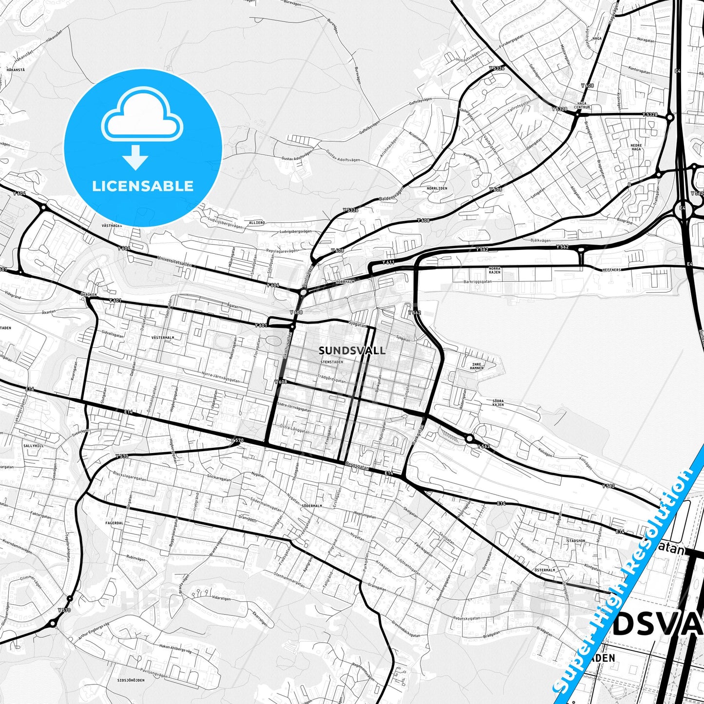 Sundsvall, Sweden Light Map with Street Names, City Names, and Districts