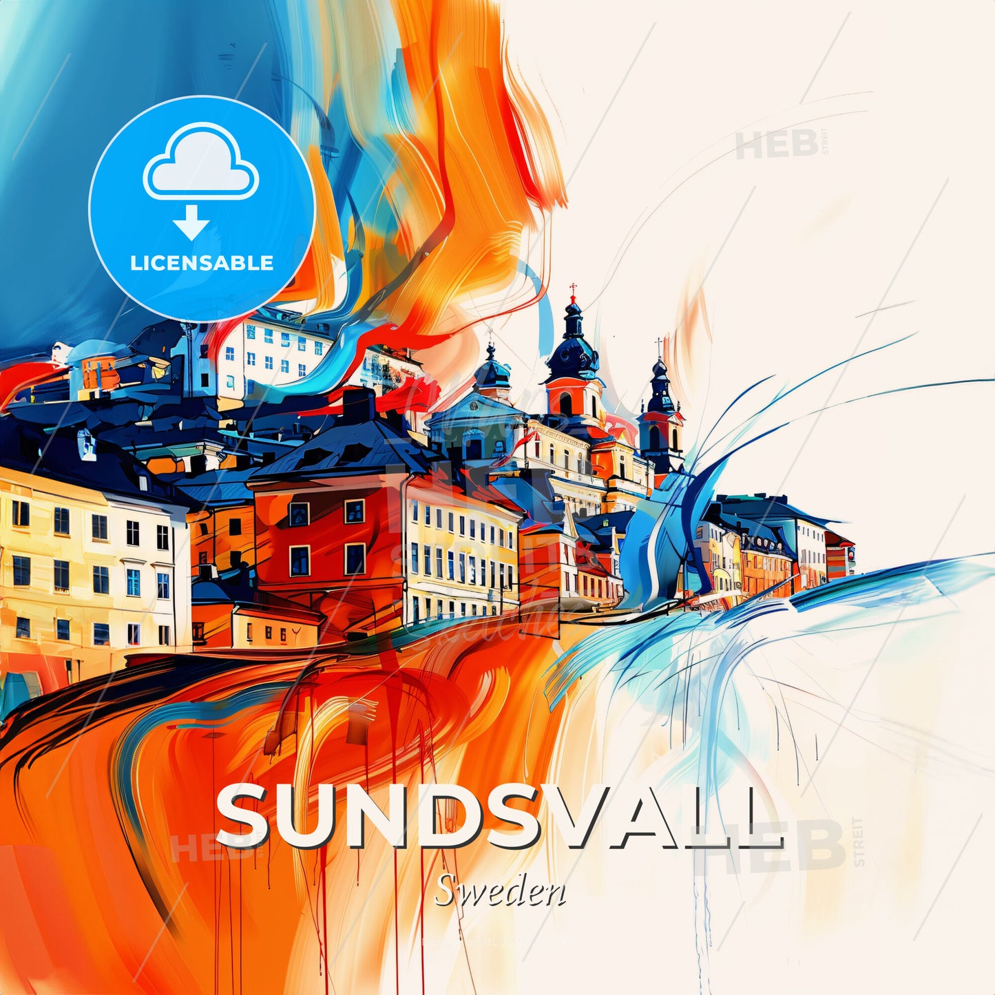 Vibrant Sundsvall, Sweden - A Colorful Painting Of A City - Square format print template
