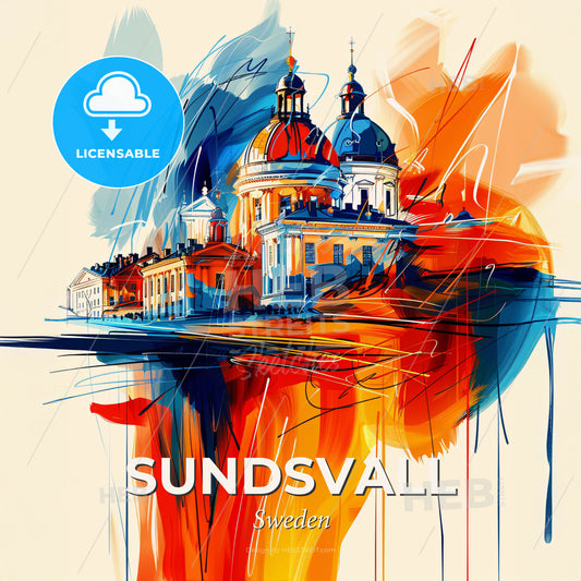 Vibrant Sundsvall, Sweden - A Painting Of A Building With A Dome And A Colorful Background - Square format print template