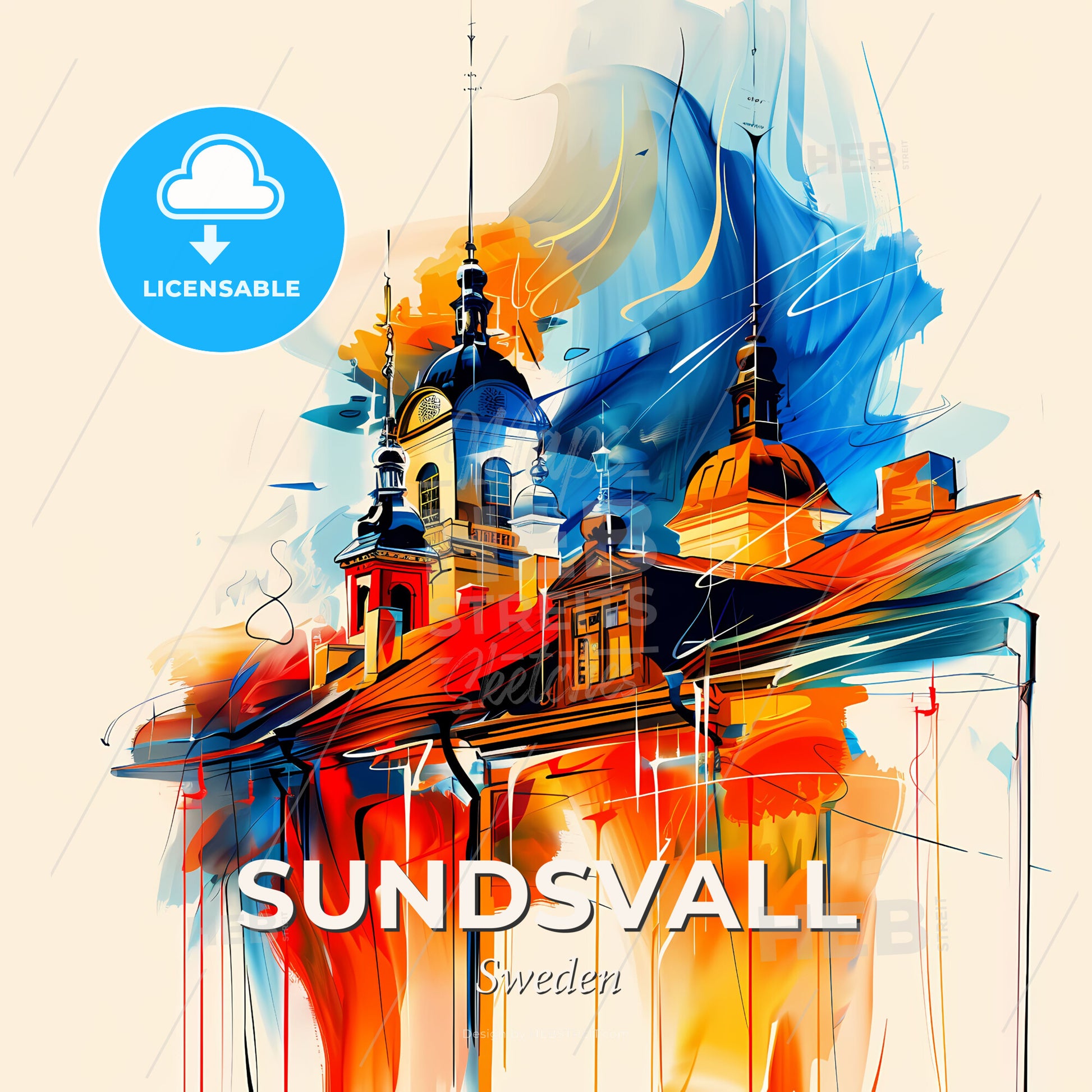 Vibrant Sundsvall, Sweden - A Painting Of A Building With A Colorful Background - Square format print template