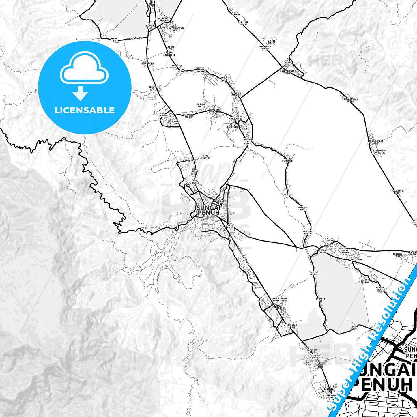 Sungai Penuh, Indonesia Light Map with Street Names, City Names, and Districts