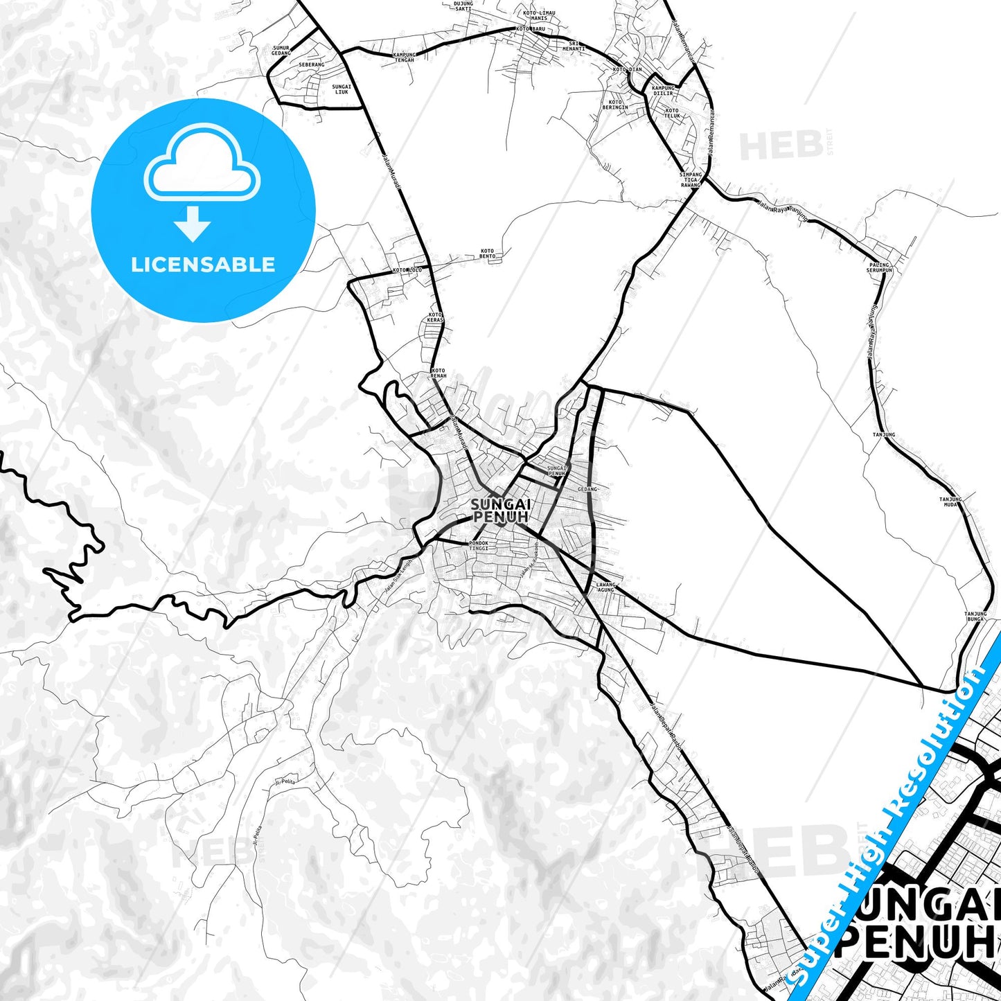 Sungai Penuh, Indonesia Light Map with Street Names, City Names, and Districts