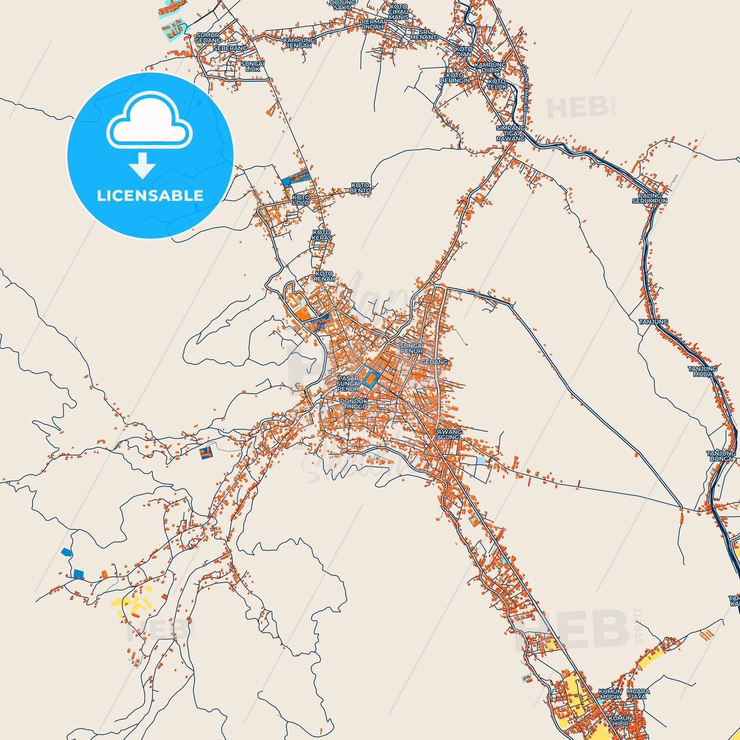 Colorful Sungai Penuh Street Map with Labels and Buildings