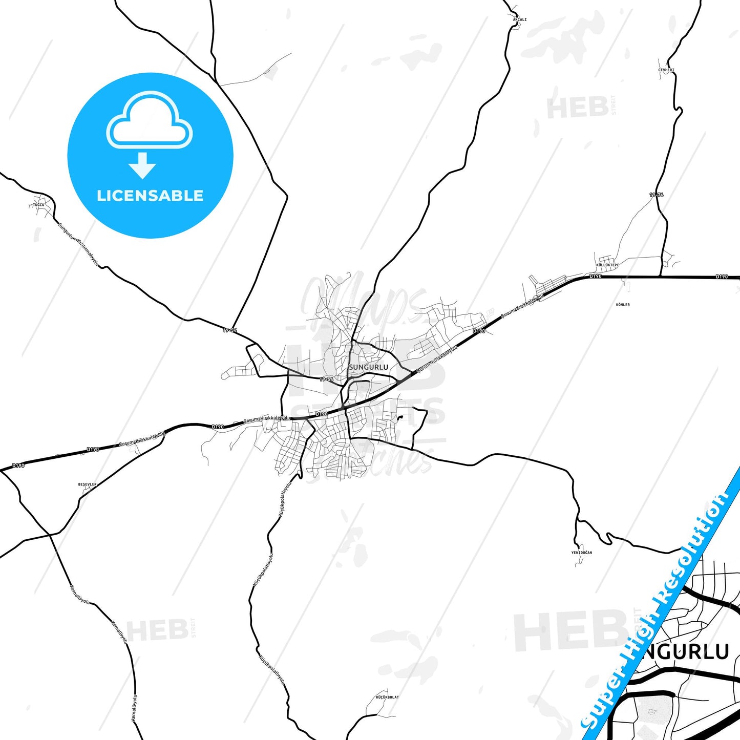 Sungurlu, Turkey Light Map with Street Names, City Names, and Districts