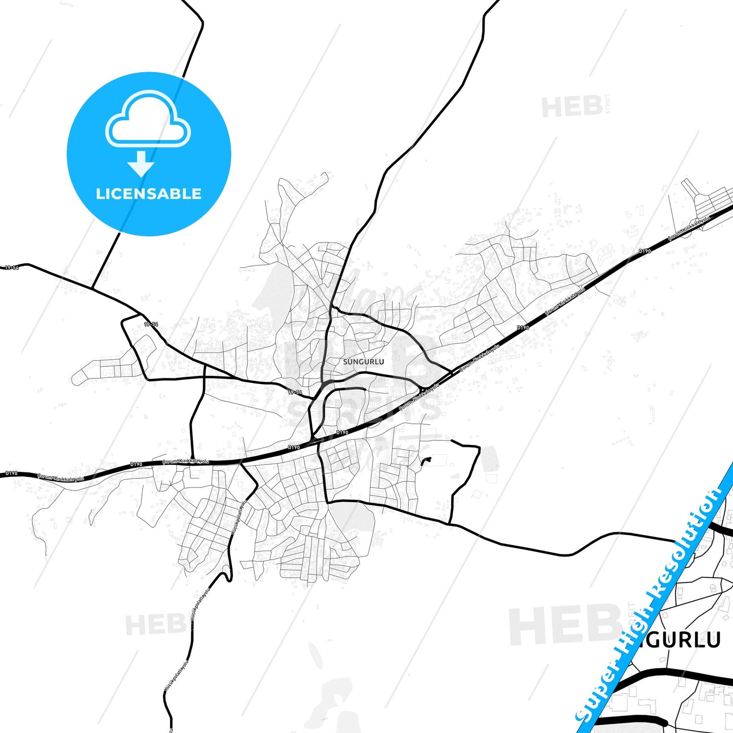 Sungurlu, Turkey Light Map with Street Names, City Names, and Districts