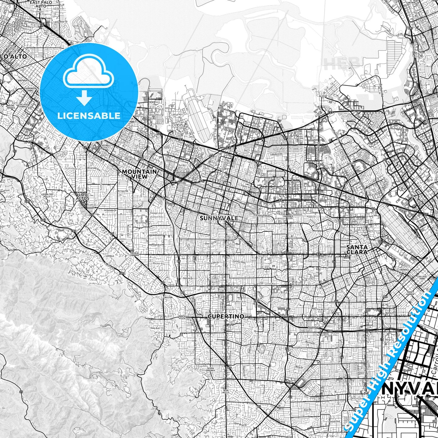 Sunnyvale, California light map with streetnames, citynames and districts