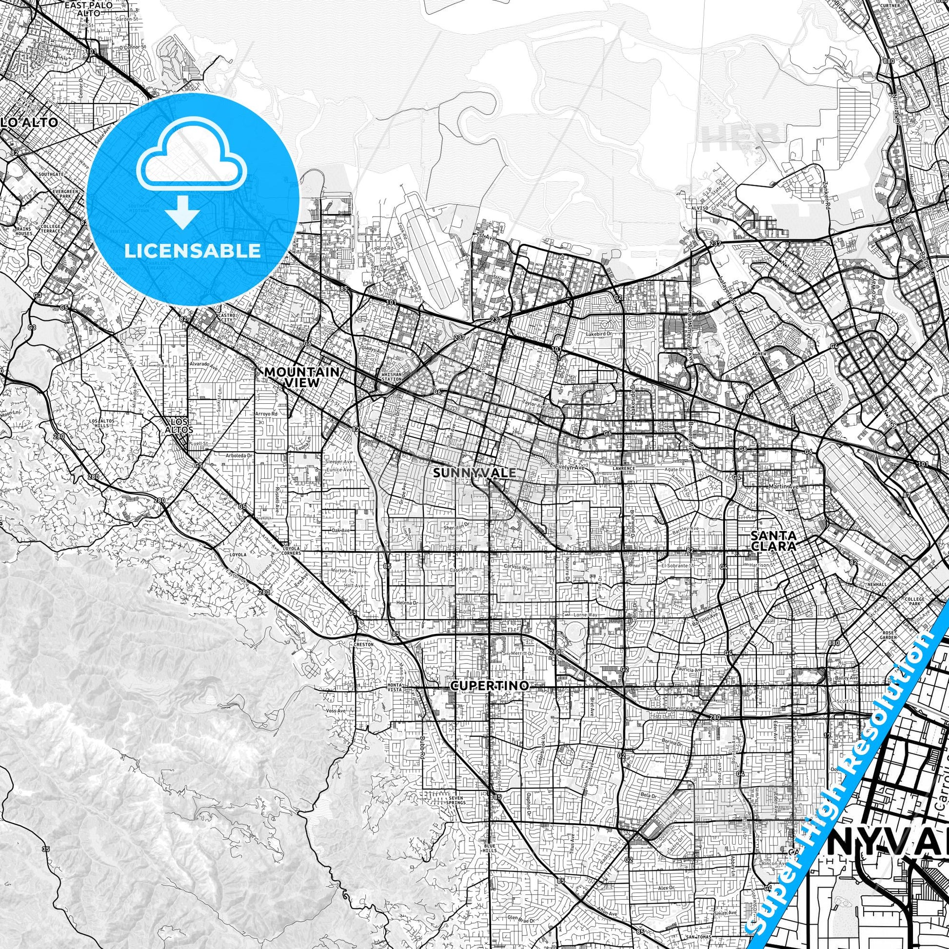 Sunnyvale, California light map with streetnames, citynames and districts