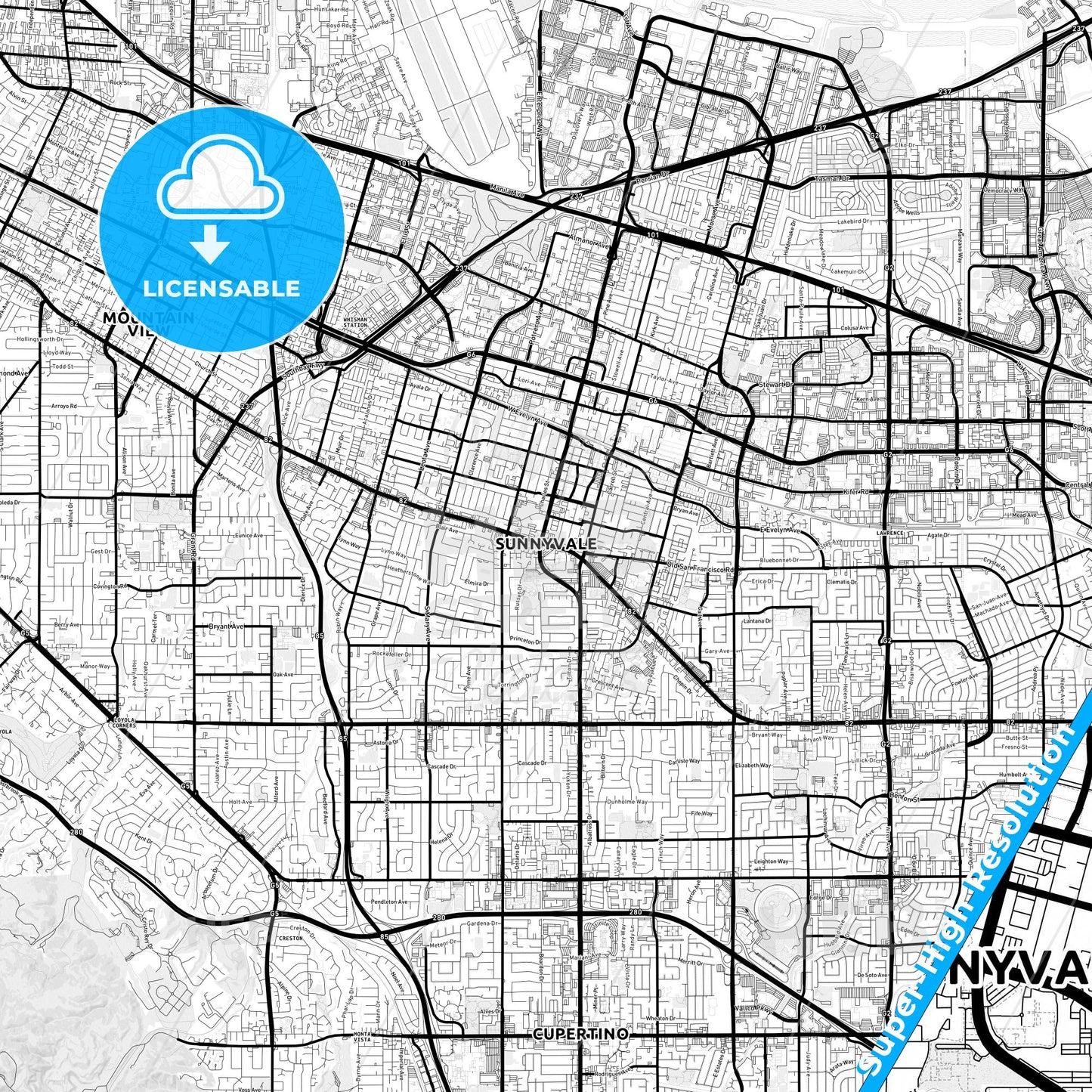 Sunnyvale, California Light Map with Street Names, City Names, and Districts