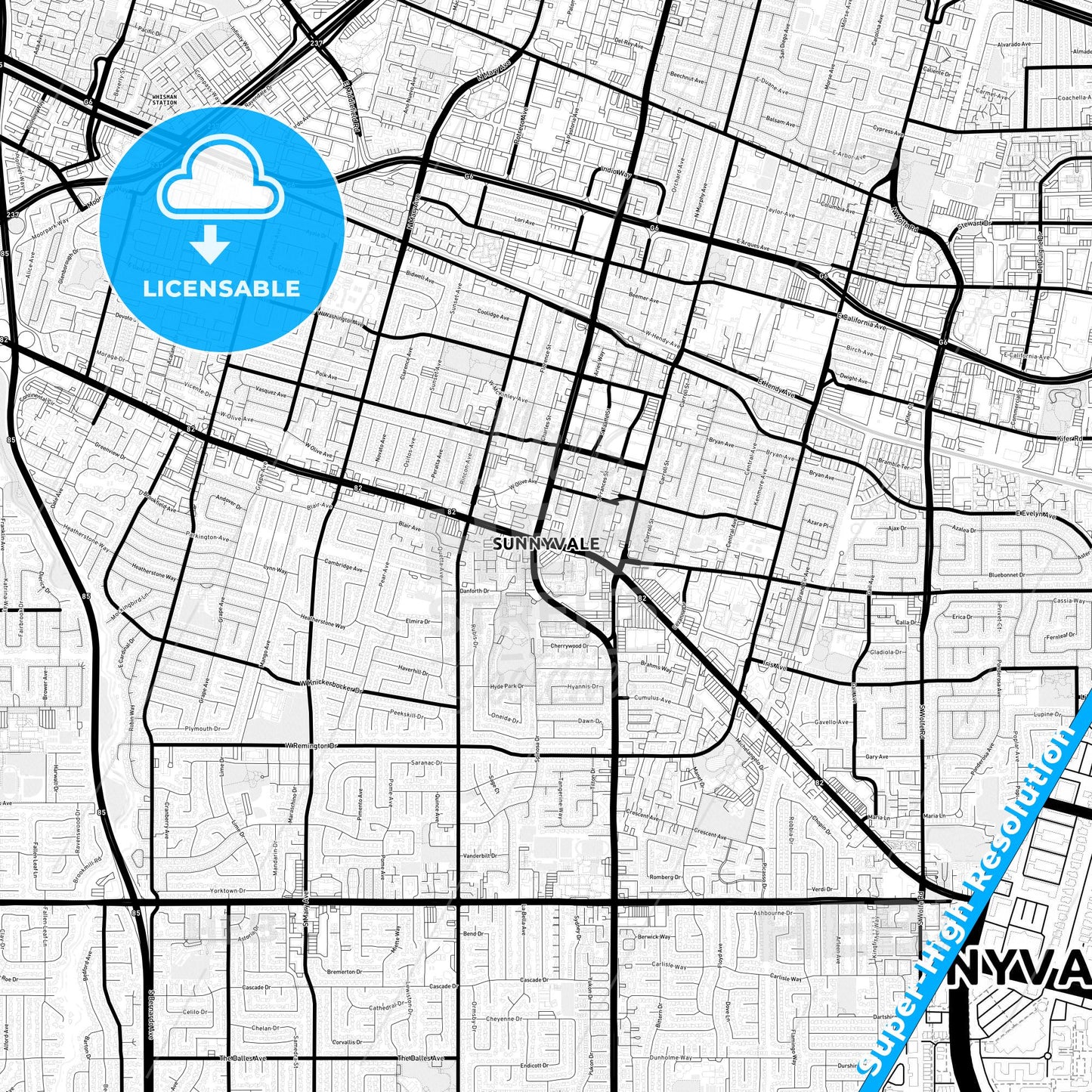 Sunnyvale, California Light Map with Street Names, City Names, and Districts