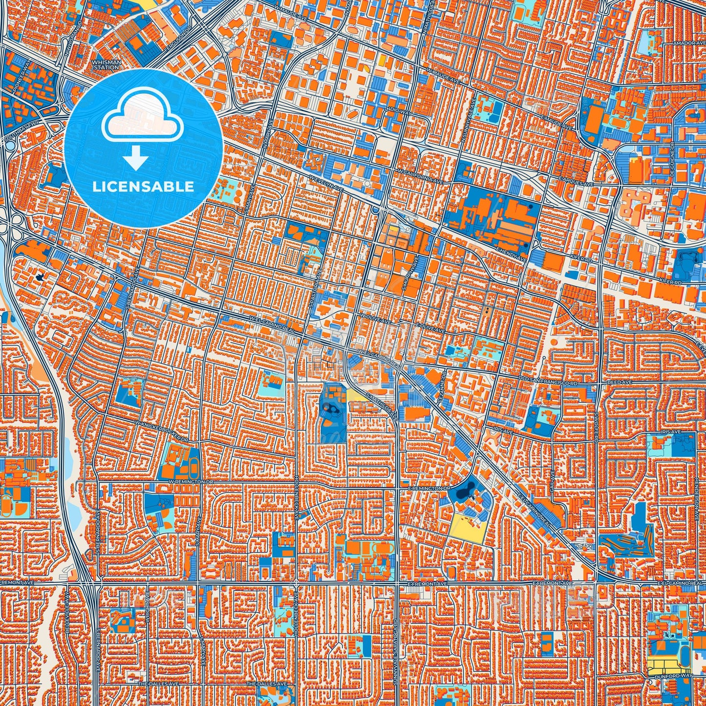 Colorful Sunnyvale Street Map with Labels and Buildings