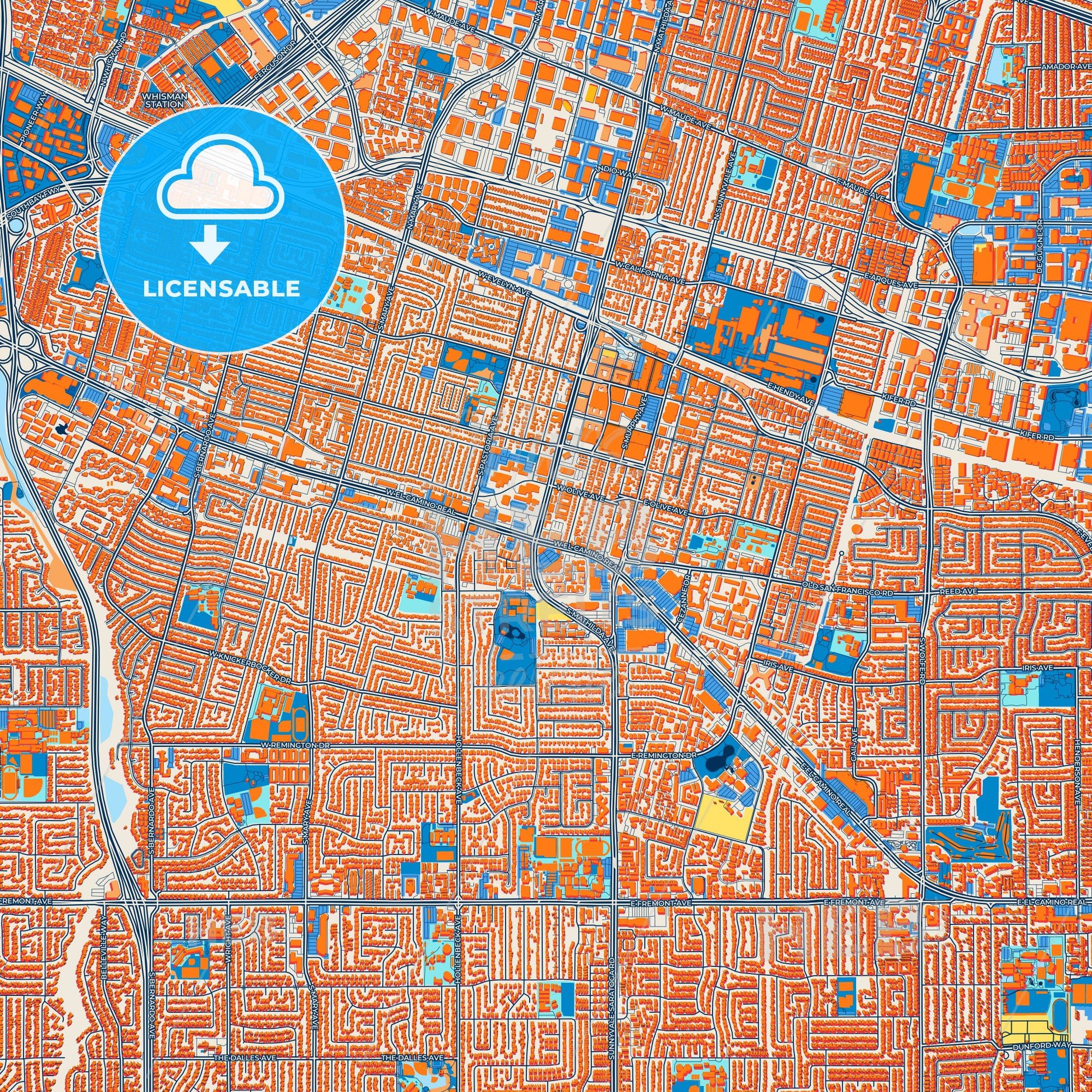 Colorful Sunnyvale Street Map with Labels and Buildings