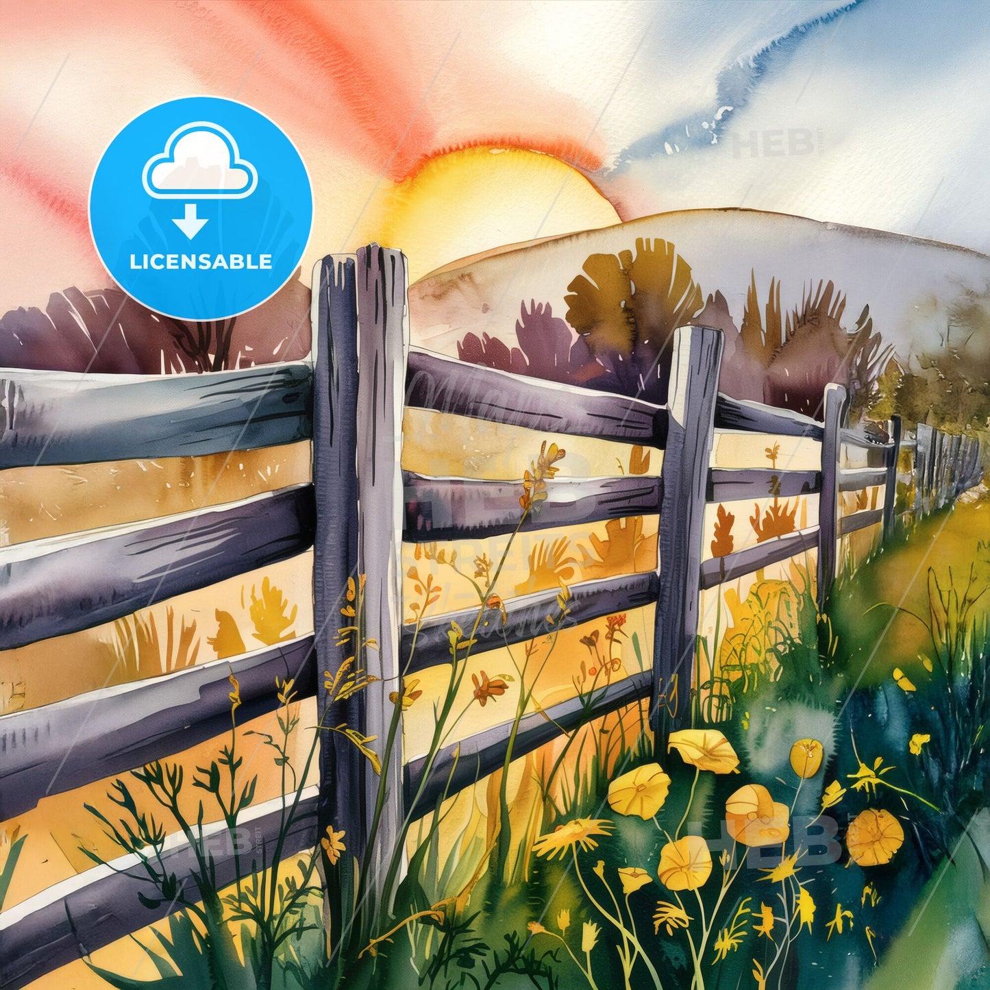 Sunset Serenity: Rustic Wooden Fence Embraced by Golden Wildflowers in Watercolor