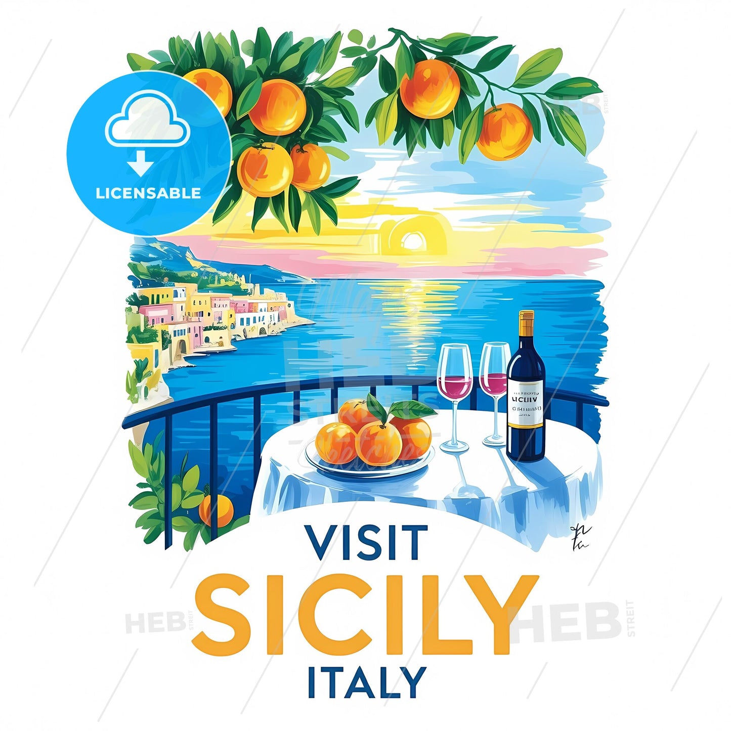 Sunset Serenity: Vintage Sicily Travel Poster with Coastal Charm