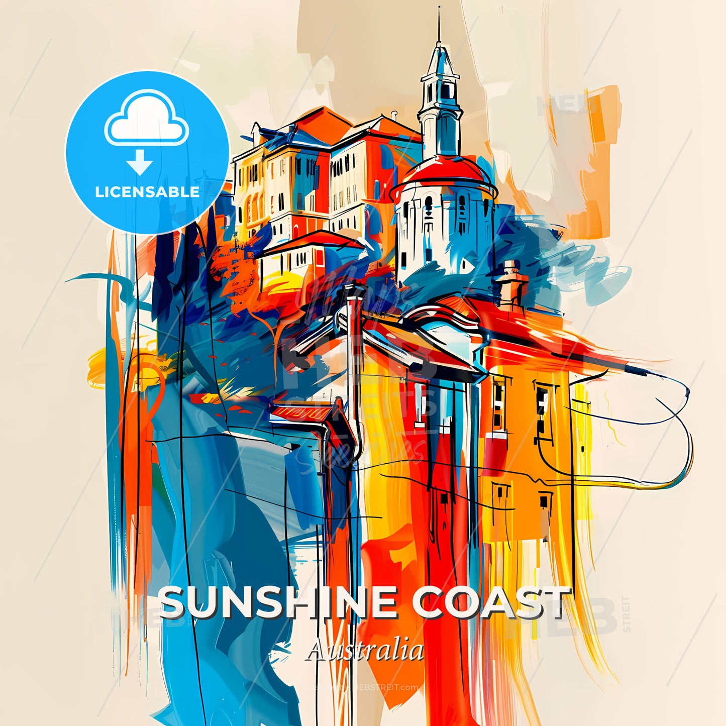 Vibrant Sunshine Coast, Australia - A Painting Of Buildings On A Hill - Square format print template