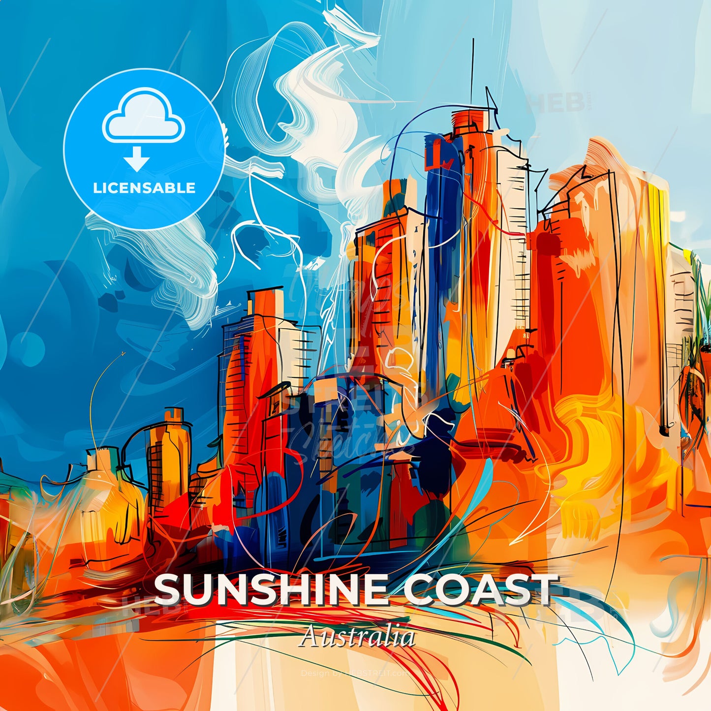 Vibrant Sunshine Coast, Australia - A Colorful Cityscape With Blue Sky And Clouds - Square format print template