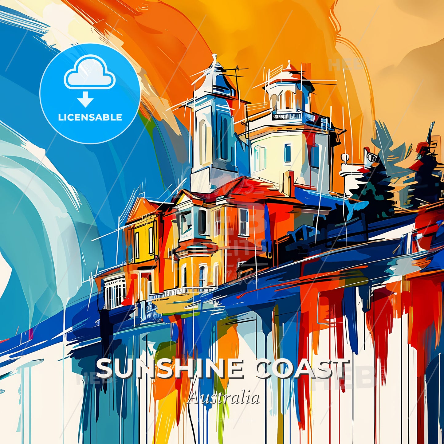 Vibrant Sunshine Coast, Australia - A Painting Of A Building On A Hill - Square format print template