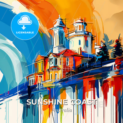Vibrant Sunshine Coast, Australia - A Painting Of A Building On A Hill - Square format print template