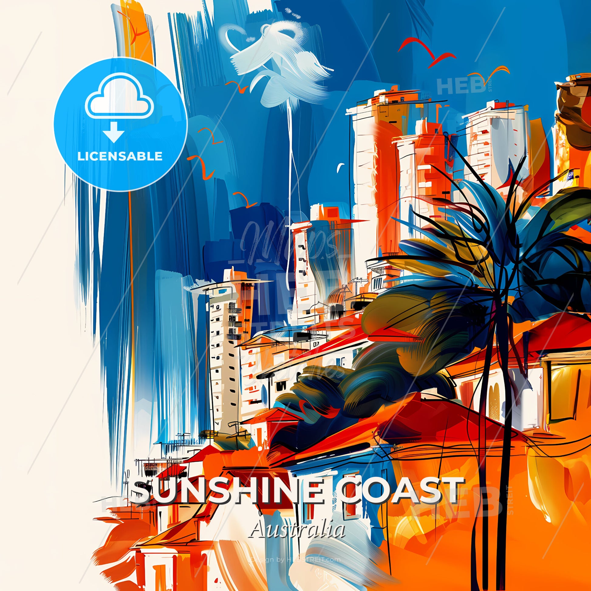 Vibrant Sunshine Coast, Australia - A Painting Of A City - Square format print template