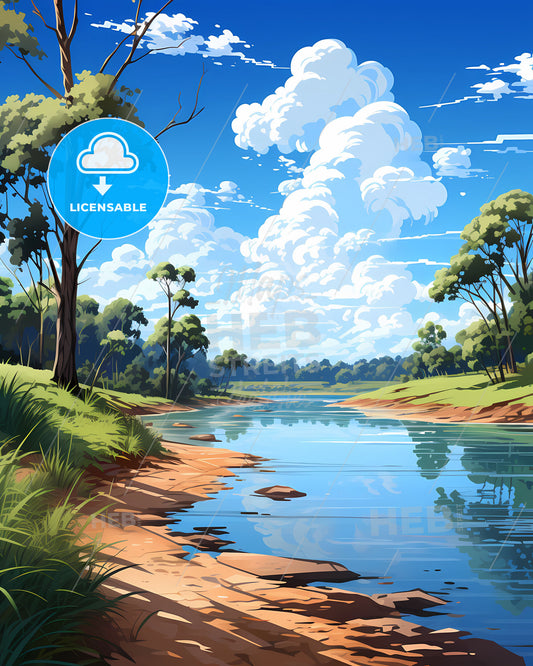 Vibrant Sunshine Coast Australia Skyline Landscape Painting of River, Trees and Grass