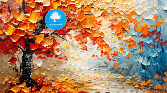 Vibrant Tree Painting in Impasto Style: Orange and Blue Leaves Depicted in Bold Brushstrokes on Canvas