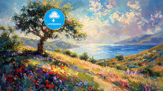 Impasto Oil on Canvas Painting of Vibrant Tree and Flowers on Hillside by Water