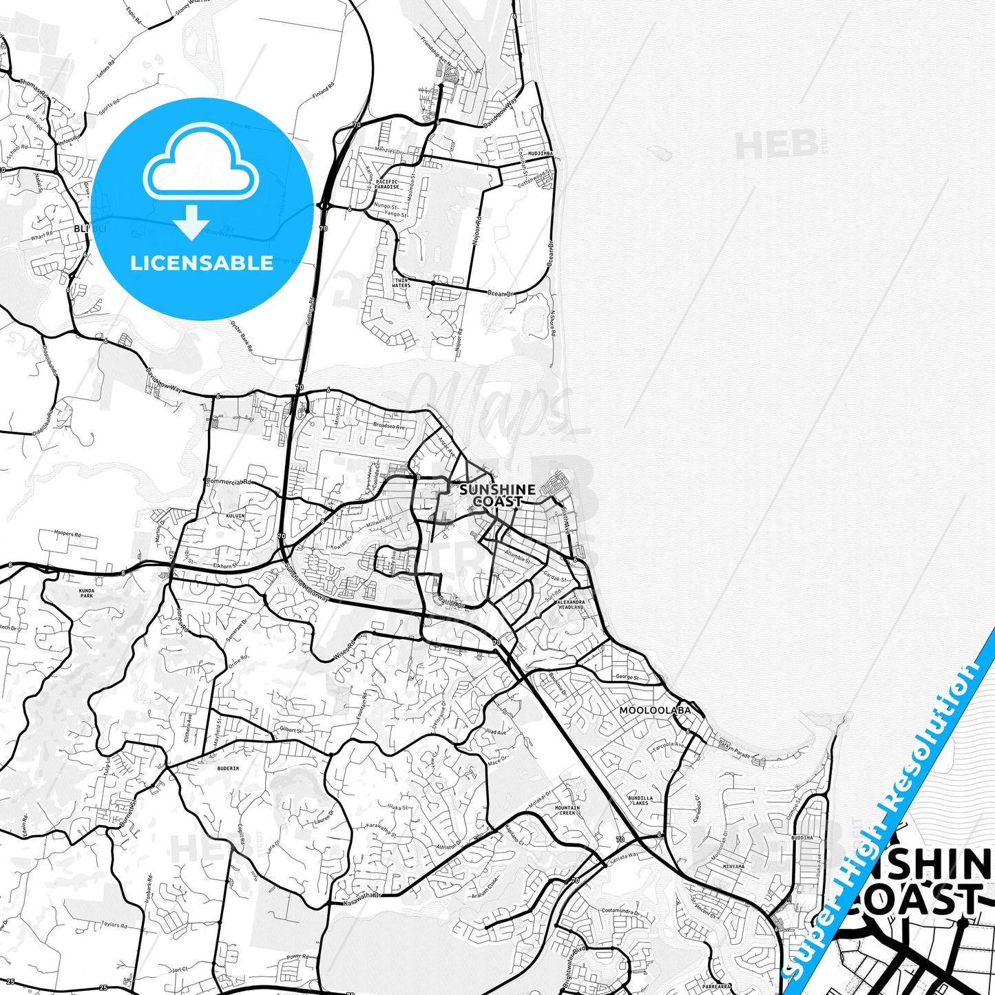 Sunshine Coast, Australia Light Map with Street Names, City Names, and Districts
