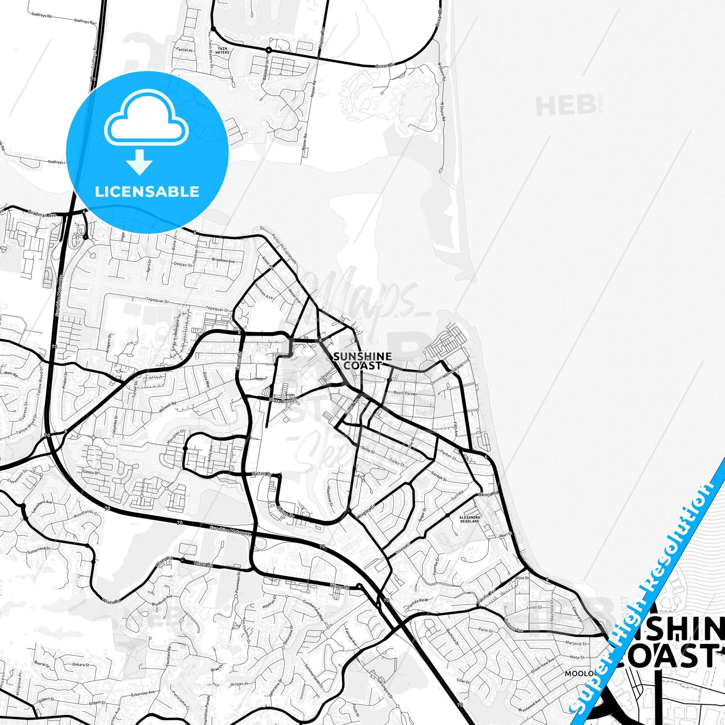 Sunshine Coast, Australia Light Map with Street Names, City Names, and Districts