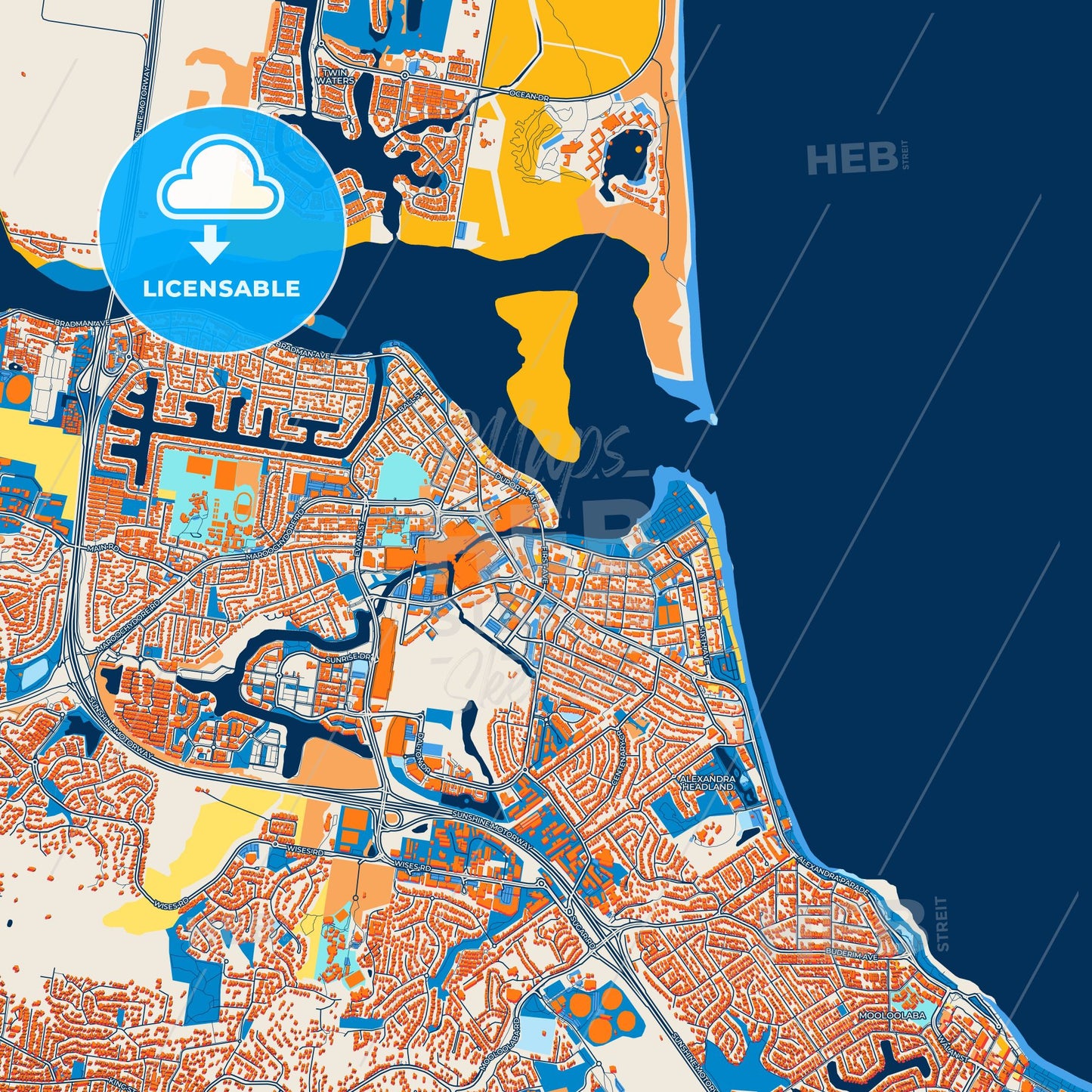 Colorful Sunshine Coast Street Map with Labels and Buildings