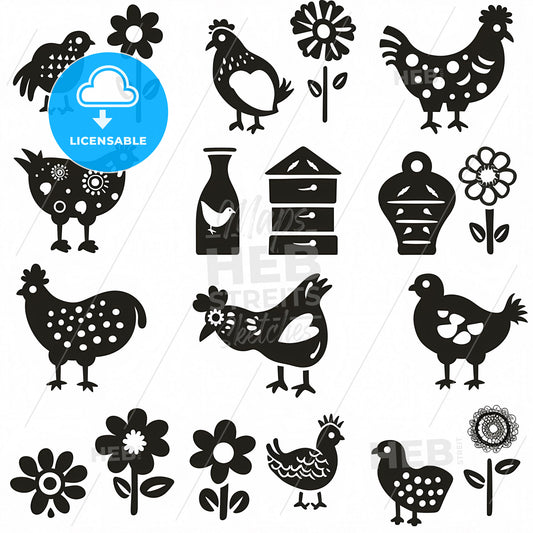 Abstract black and white bird silhouette icons, modern minimalistic fine art collection, geometric shapes