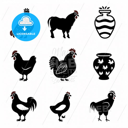 Captivating Geometric Icon Set: Black Silhouettes of Hens and Vases on White for Art and Design