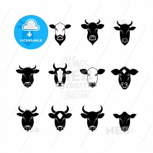 Minimalist black and white cow head graphics on white background, contemporary art