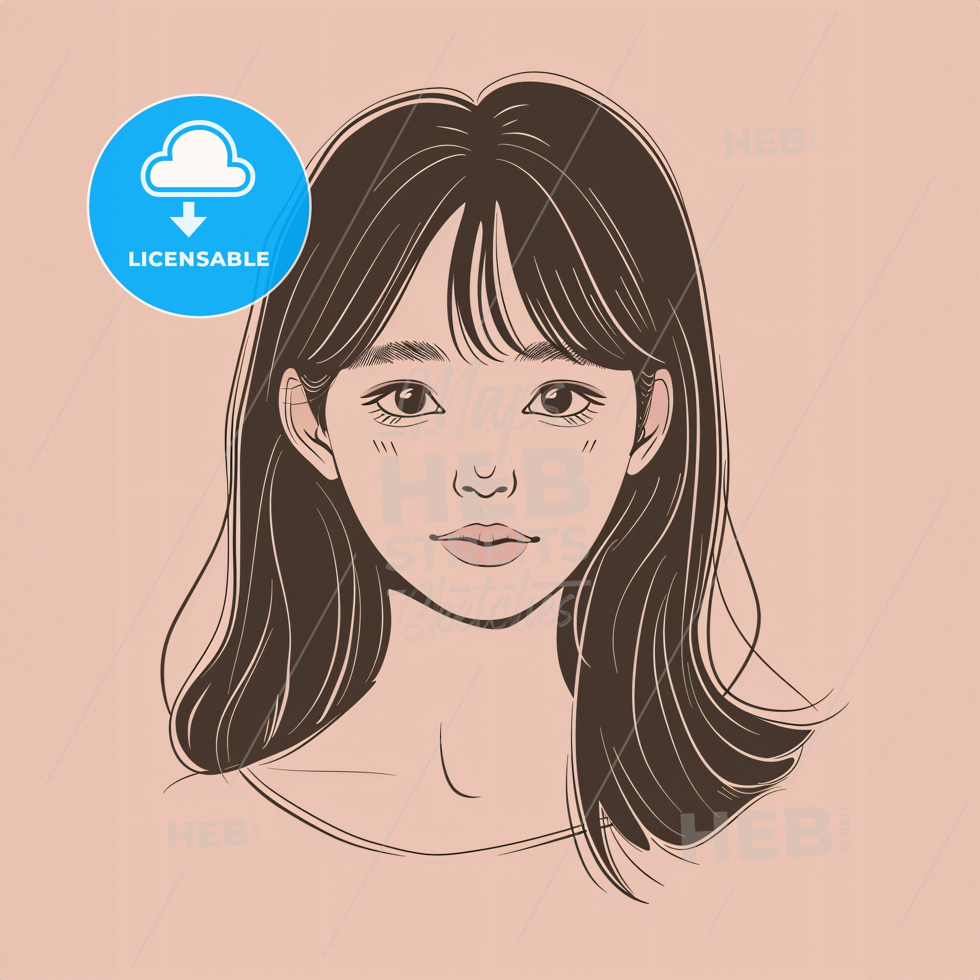 super simplistic line drawing of a Korean female with a round face - A drawing of a woman with long hair