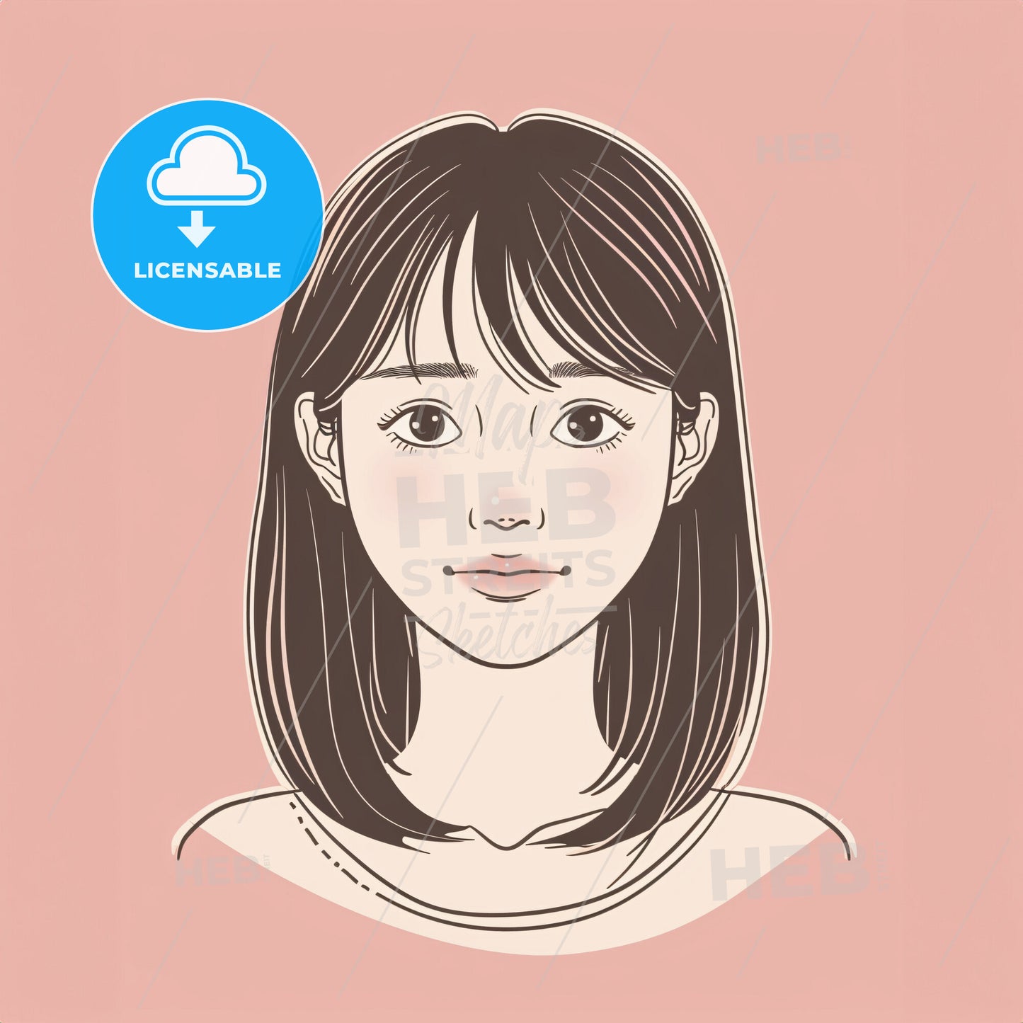 super simplistic line drawing of a Korean female with a round face - A woman with short hair