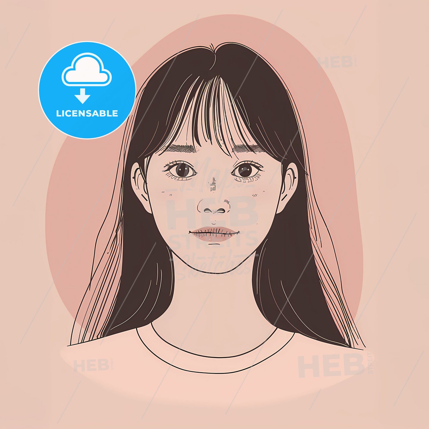 super simplistic line drawing of a Korean female with a round face - A woman with long hair