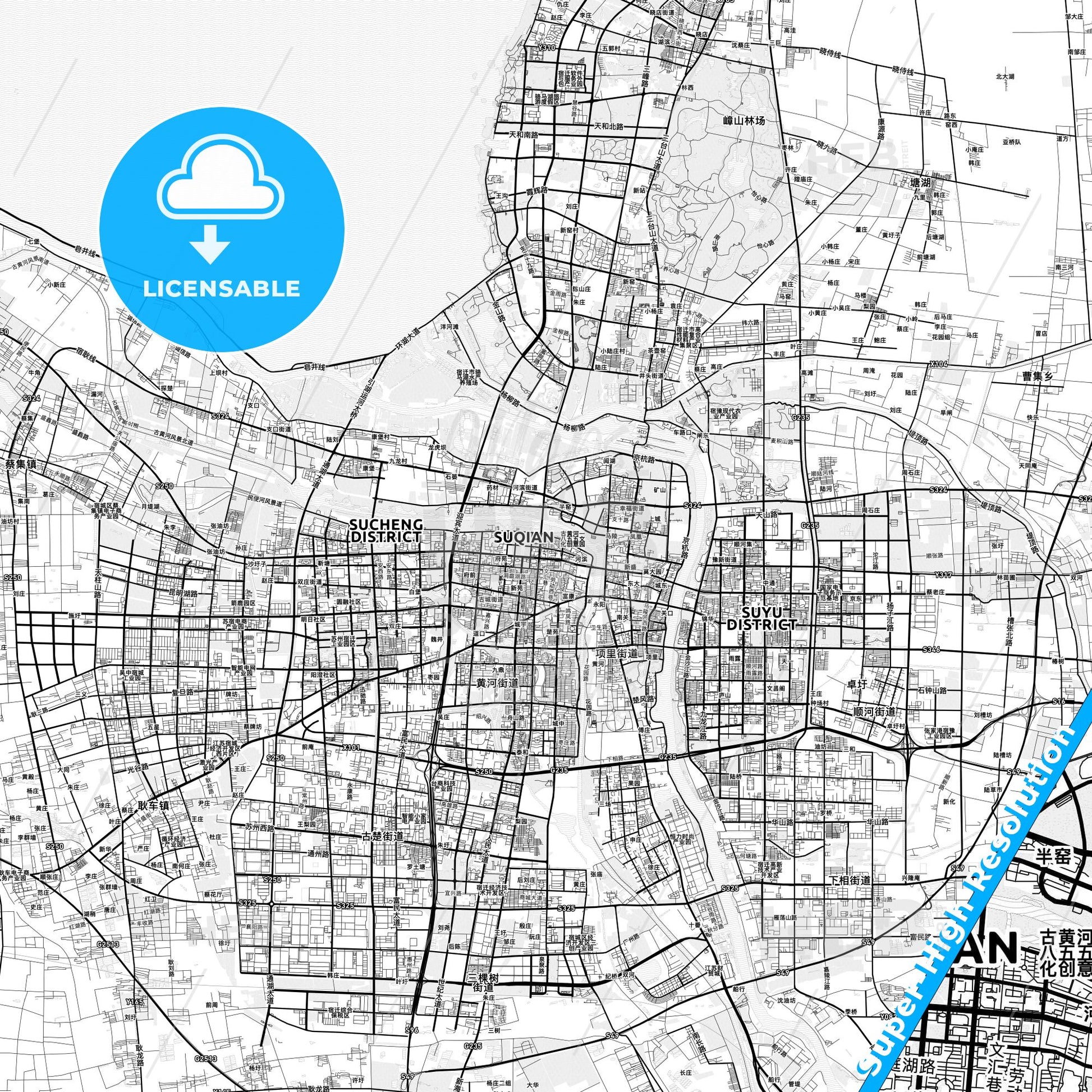 Suqian, China light map with streetnames, citynames and districts