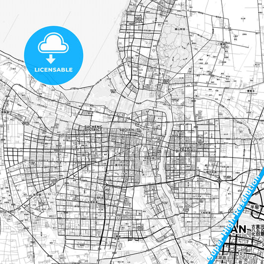 Suqian, China light map with streetnames, citynames and districts
