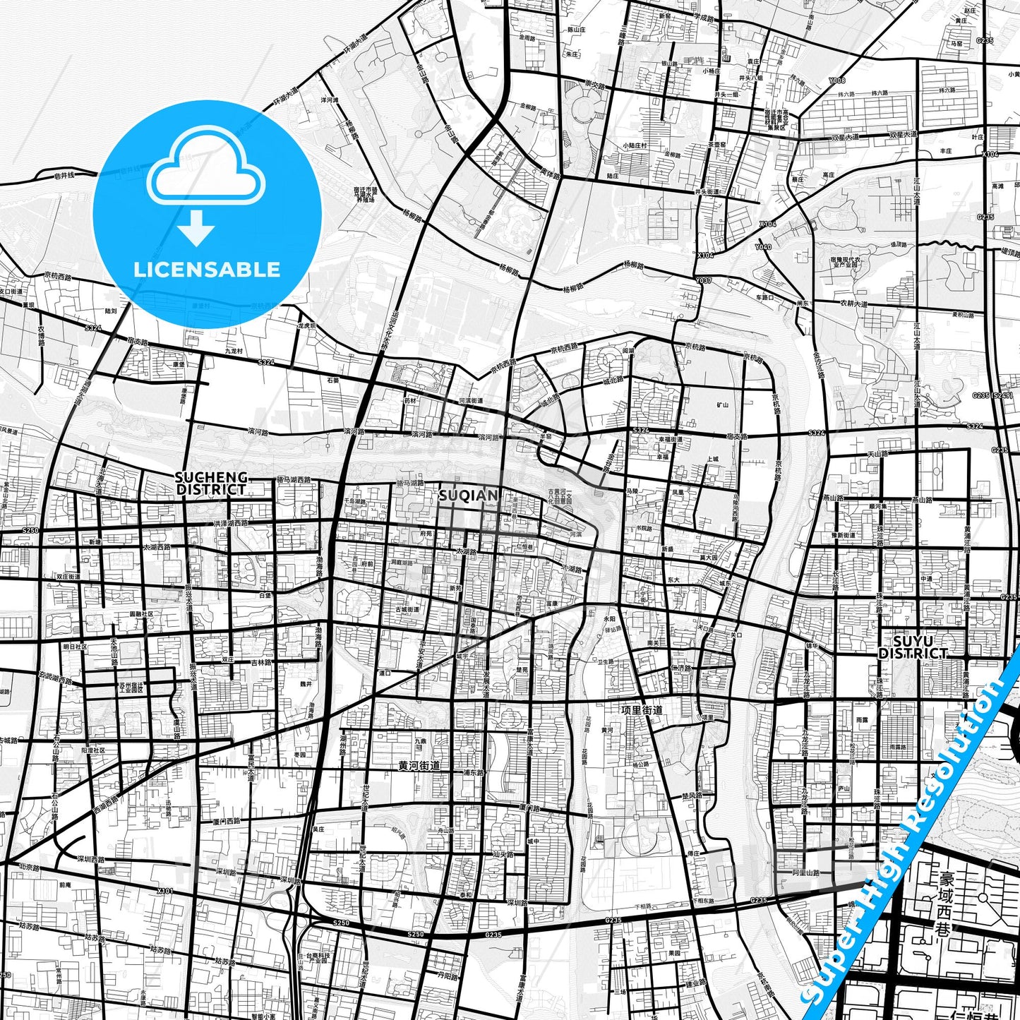 Suqian, China Light Map with Street Names, City Names, and Districts