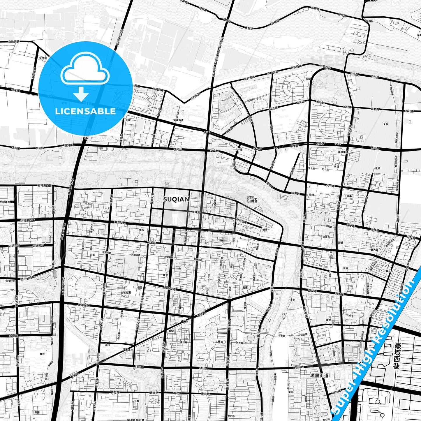 Suqian, China Light Map with Street Names, City Names, and Districts