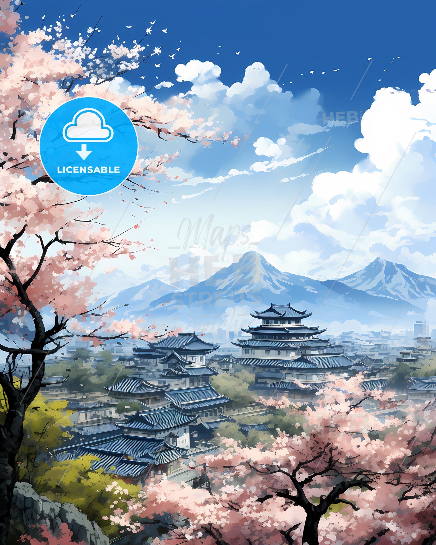 Stunning Digital Cityscape Painting of Suqian Skyline with Vibrant Cherry Blossoms