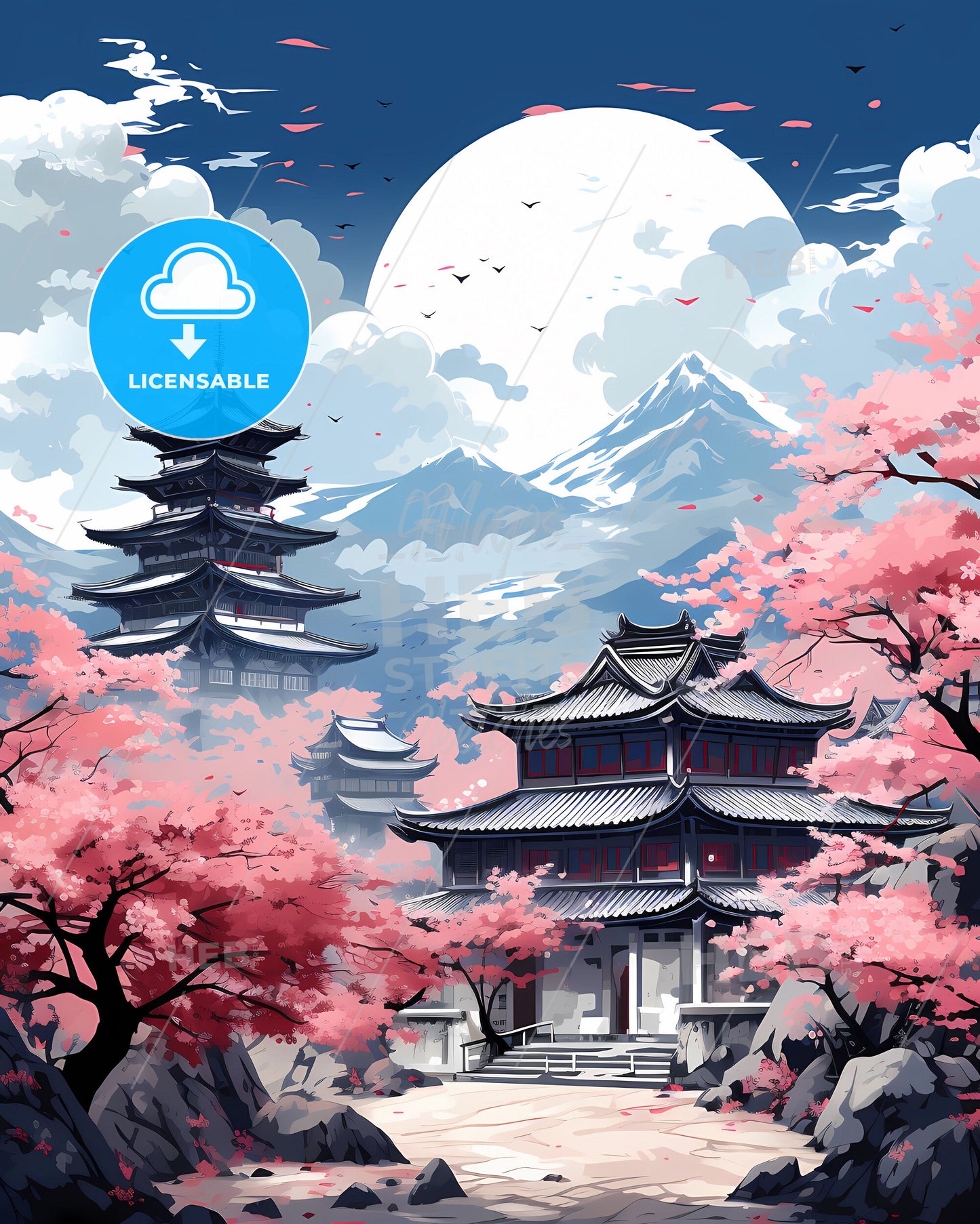 Oriental Pagoda and Cherry Blossoms in Front of a Mountain Painting