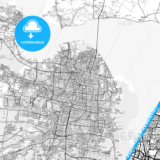 Surabaya, Indonesia light map with streetnames, citynames and districts