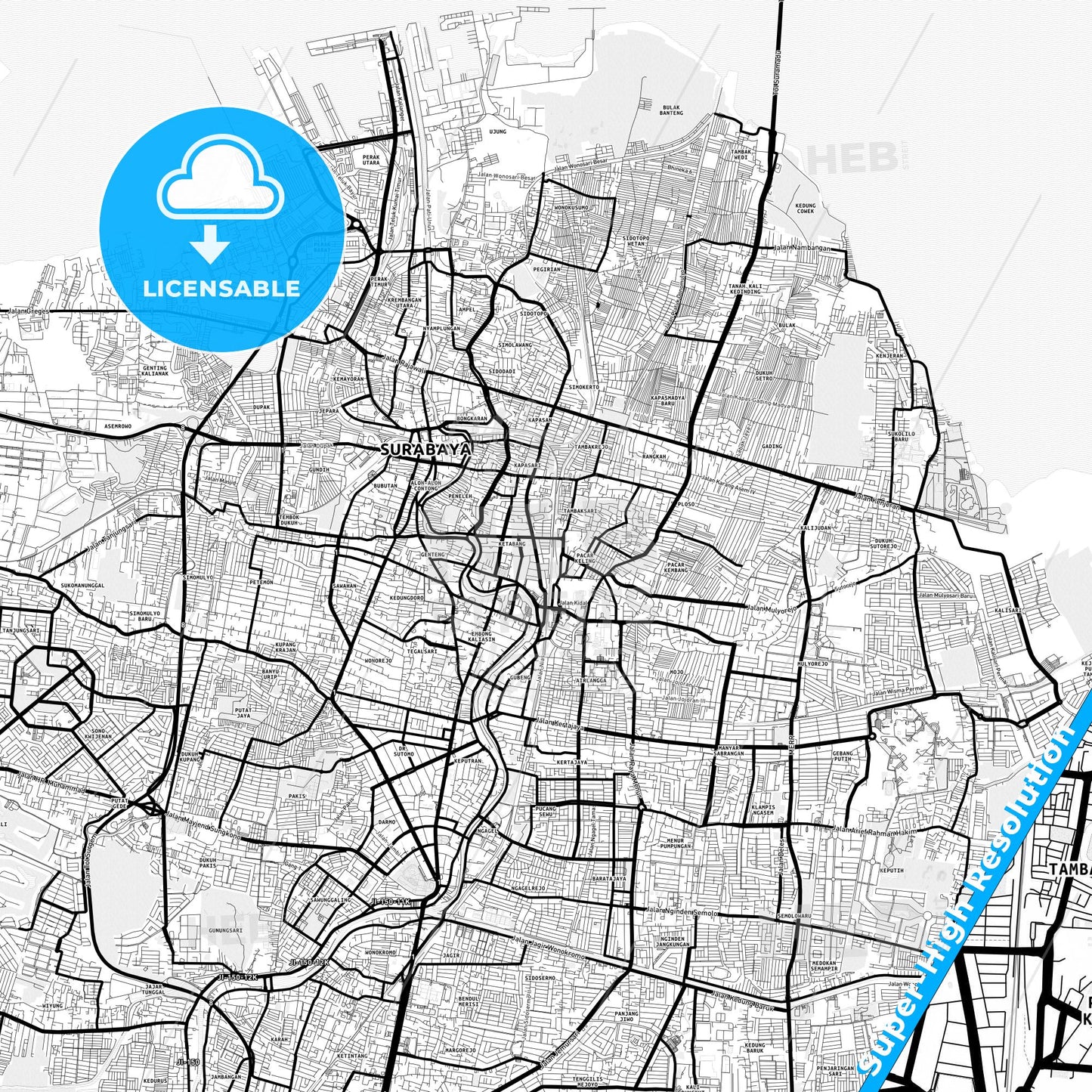 Surabaya, Indonesia Light Map with Street Names, City Names, and Districts
