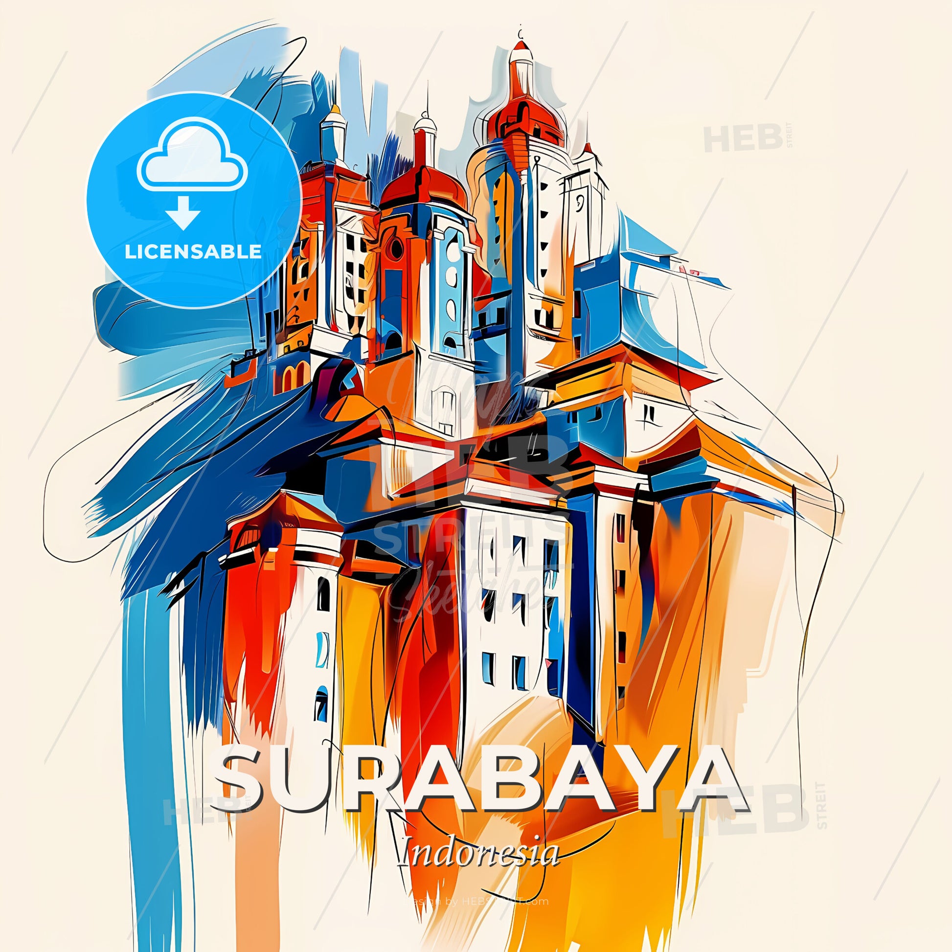 Vibrant Surabaya, Indonesia - A Colorful Drawing Of A Building - Square format print template
