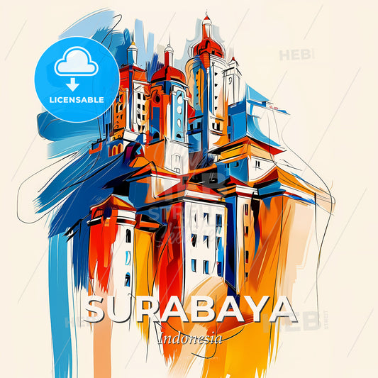 Vibrant Surabaya, Indonesia - A Colorful Drawing Of A Building - Square format print template