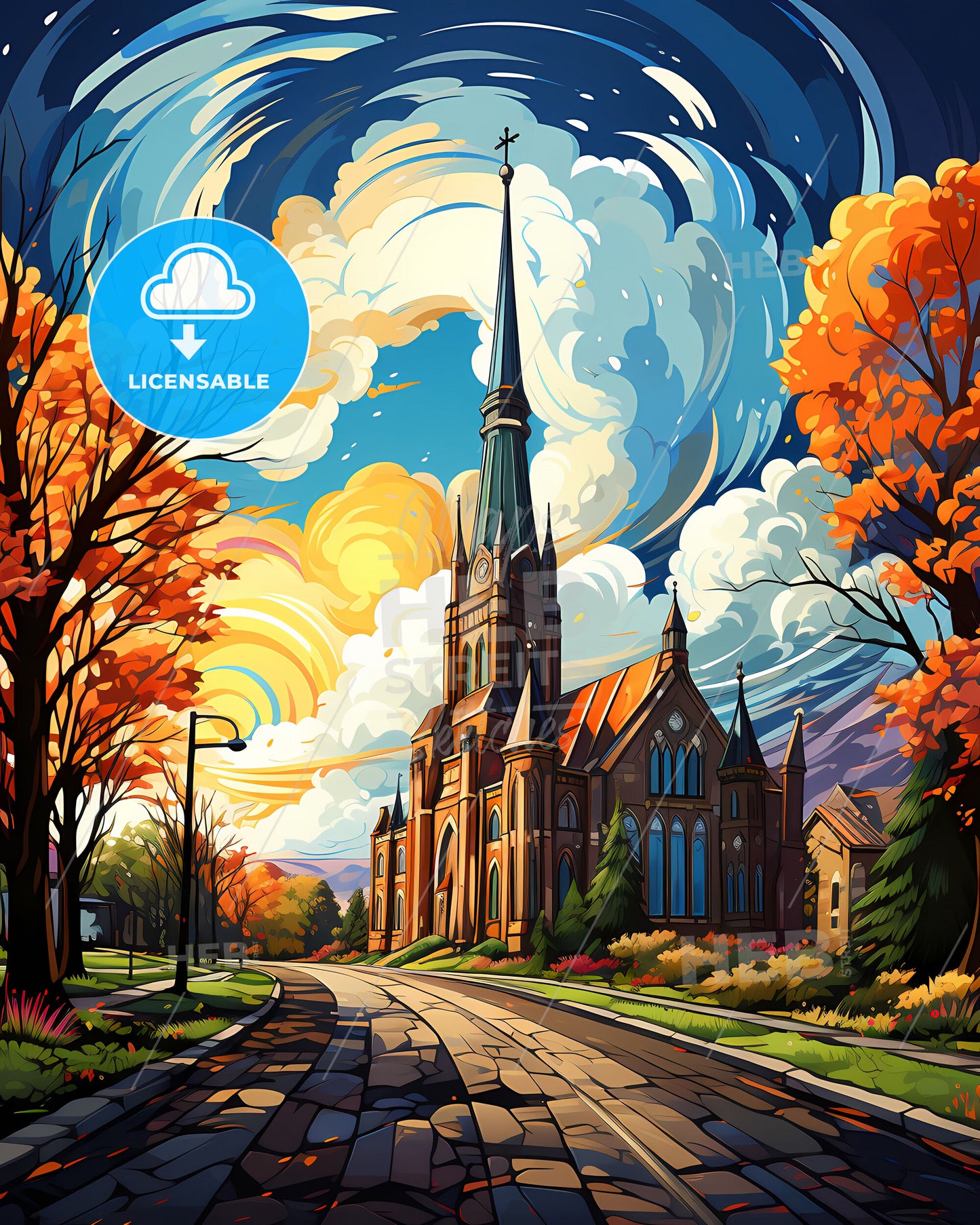 Vibrant Art Painting of Surabaya Indonesia Skyline with Church Steeple, Trees, and Road